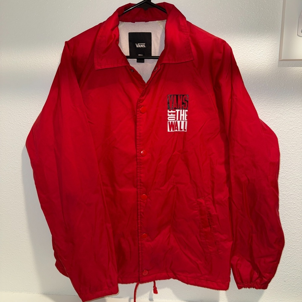 Vans Off The Wall Coach Jacket Mens Small Red Snap Front Skate Windbreaker